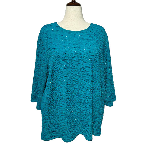 Maggie Barnes Catherines Top 2X 22-24W Blue Textured Sequins Sparkle 3/4 Sleeve - Picture 1 of 8
